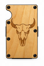 Pine finish RFID wallet with bison skull engraving