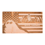12x21 inch laser engraved wooden American flag featuring Butte Montana landmarks and Our Lady of the Rockies