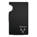 My Store black aluminum RFID-blocking wallet with laser-engraved Montana whitetail deer skull design and money clip.