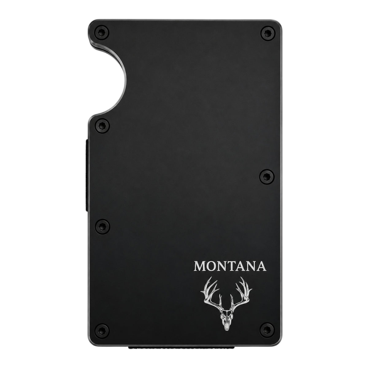 My Store black aluminum RFID-blocking wallet with laser-engraved Montana whitetail deer skull design and money clip.