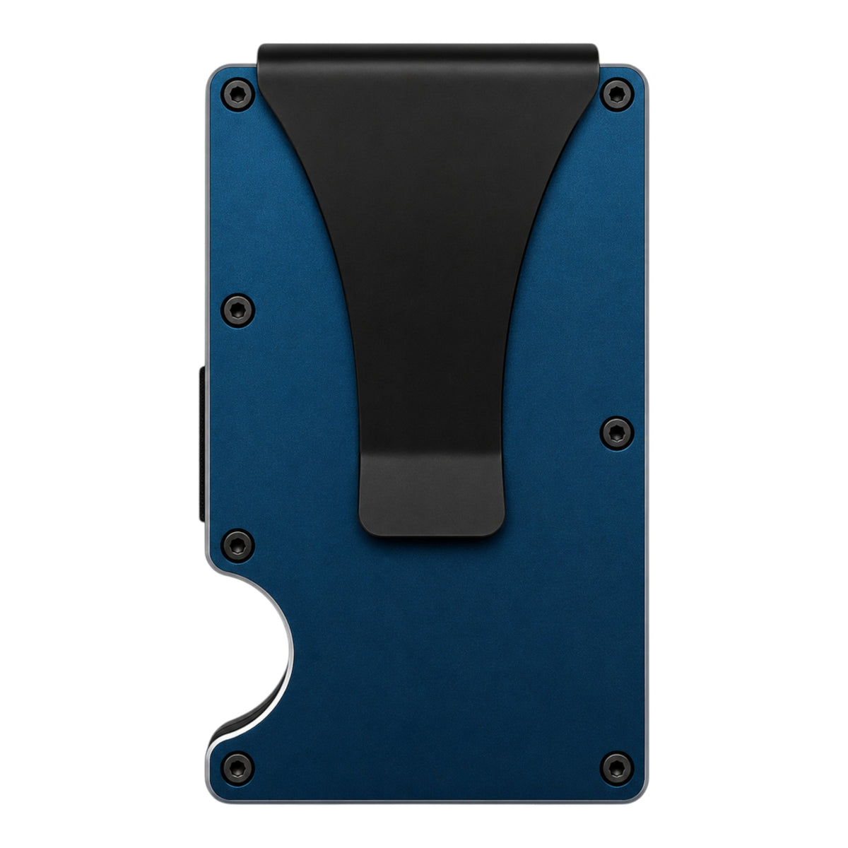 My Store blue aluminum RFID-blocking minimalist wallet with a black money clip and laser engraved trout design