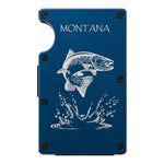 My Store blue aluminum RFID-blocking wallet with a laser-engraved trout design and Montana text.