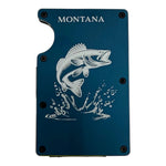 My Store blue aluminum RFID wallet with a laser-engraved walleye fish design and Montana text.
