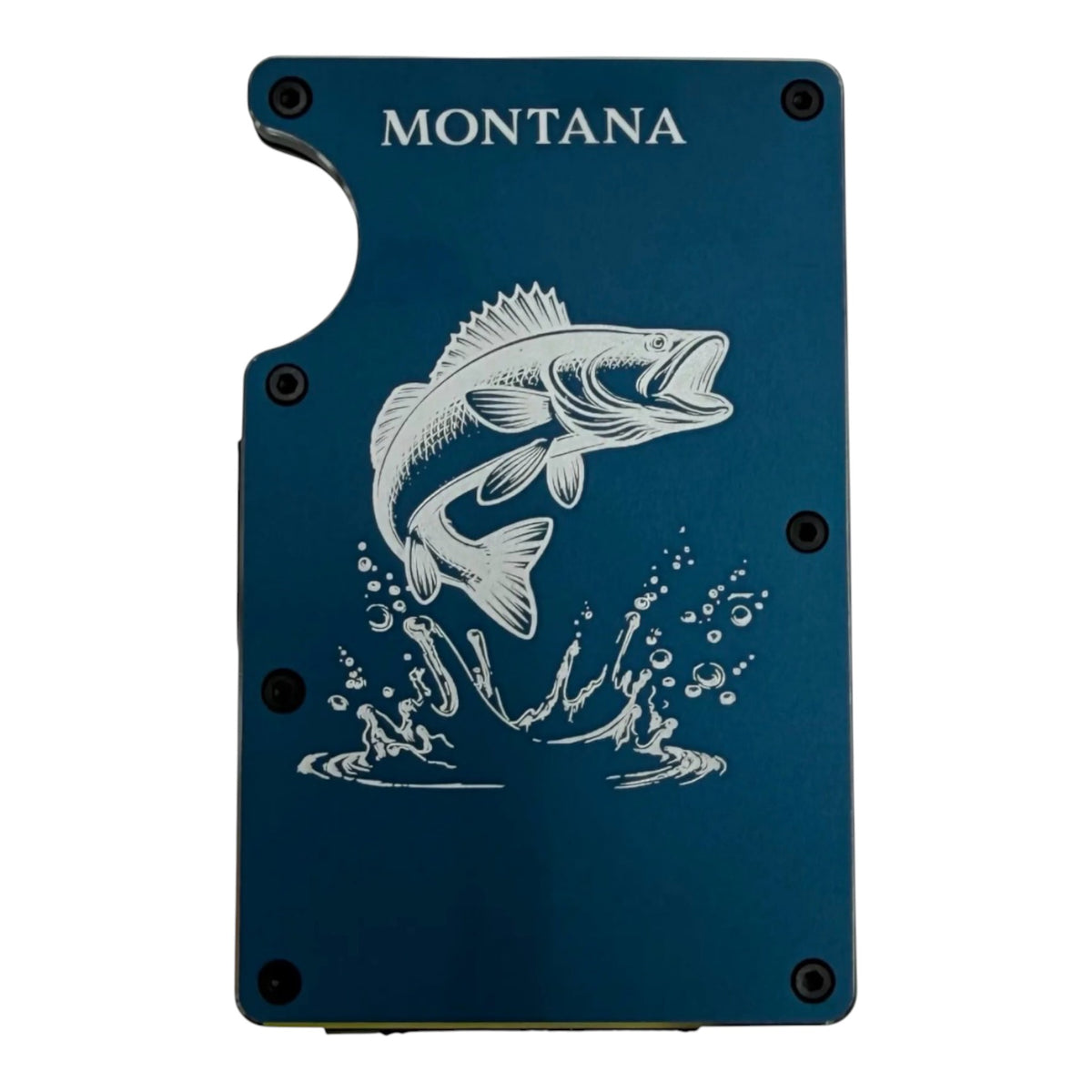 My Store blue aluminum RFID wallet with a laser-engraved walleye fish design and Montana text.