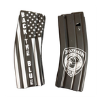 My Store BTB Bozeman Police laser-engraved aluminum AR magazine with Back the Blue flag and police patch artwork.