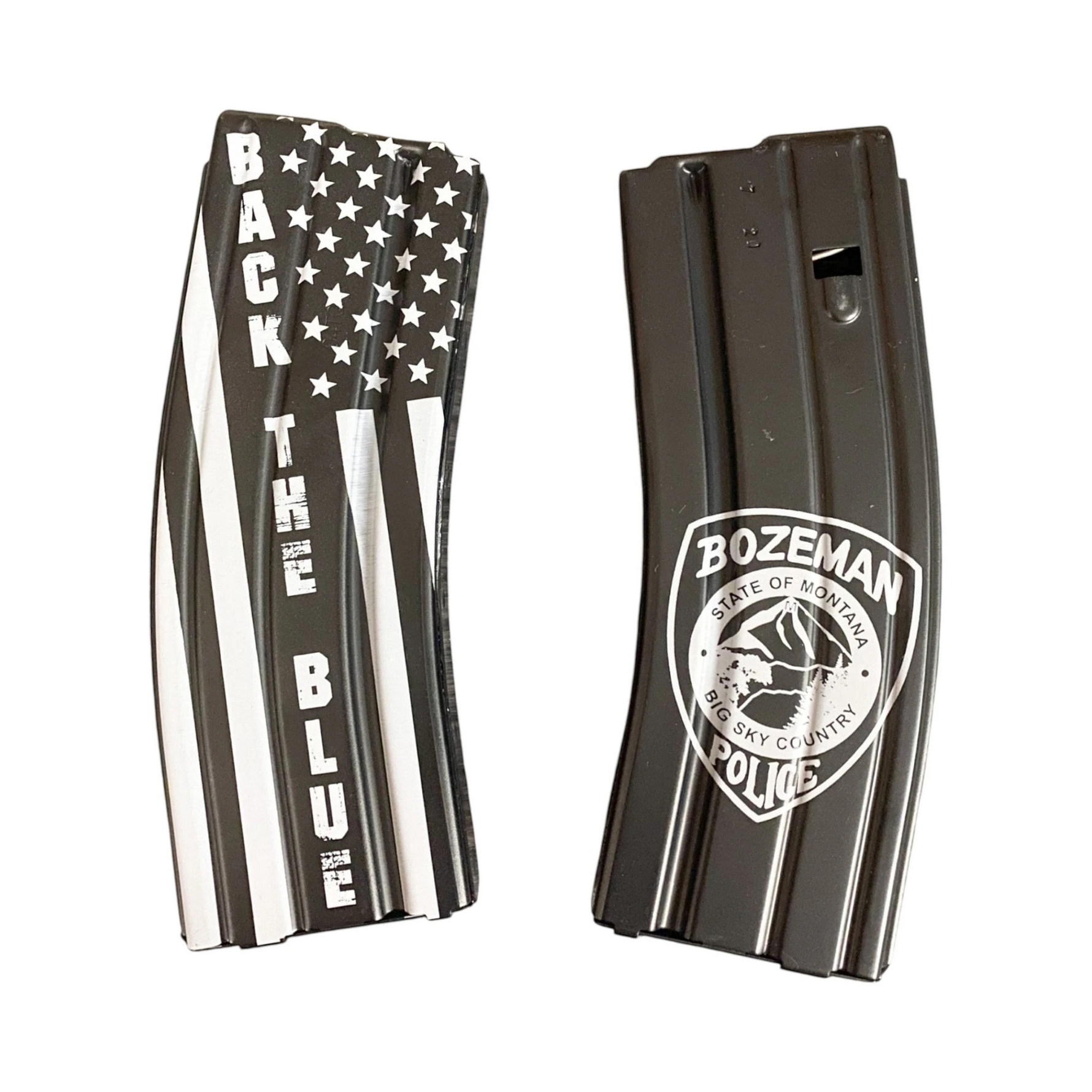 My Store BTB Bozeman Police laser-engraved aluminum AR magazine with Back the Blue flag and police patch artwork.