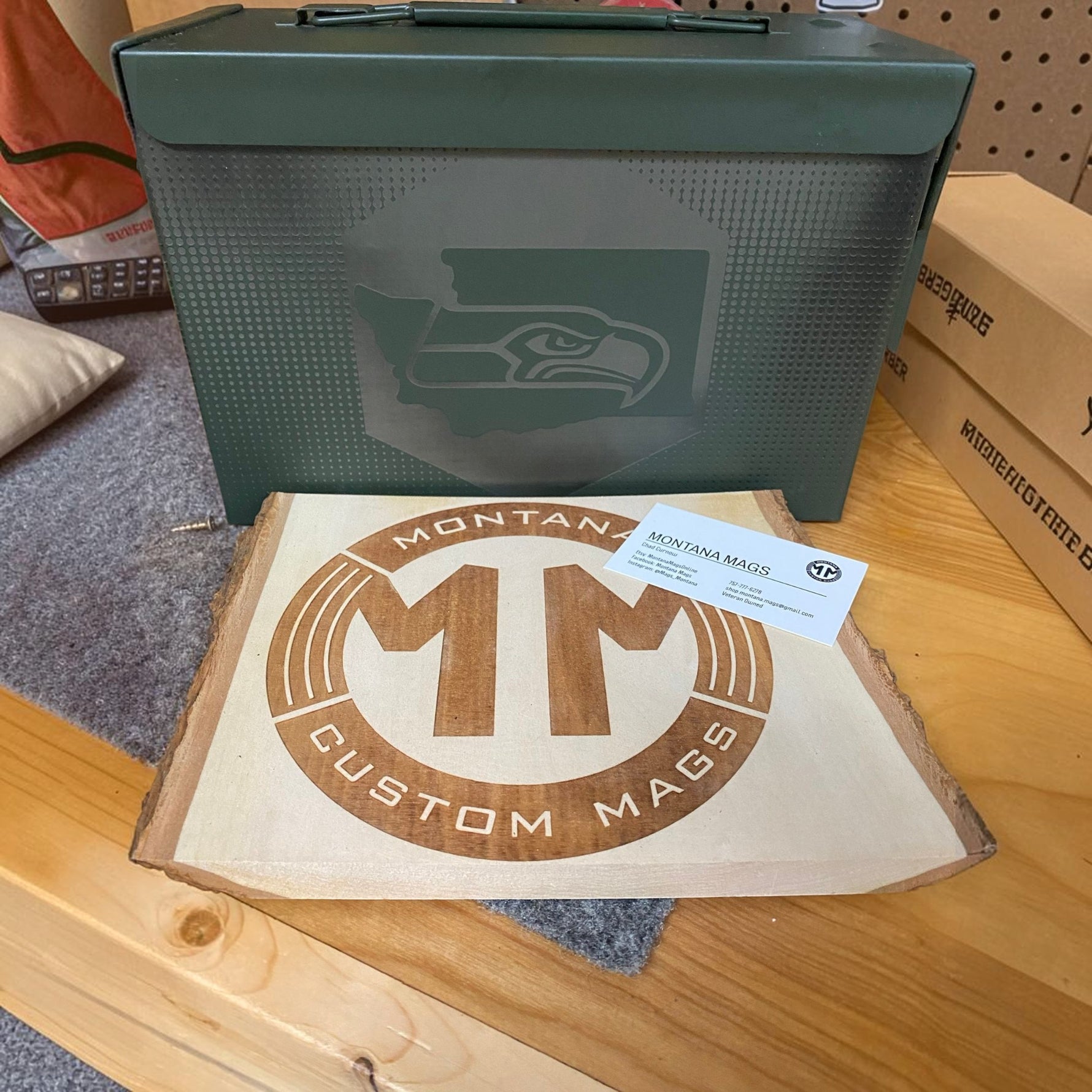 My Store custom laser engraved green metal ammo can featuring a Seattle Seahawks logo design.