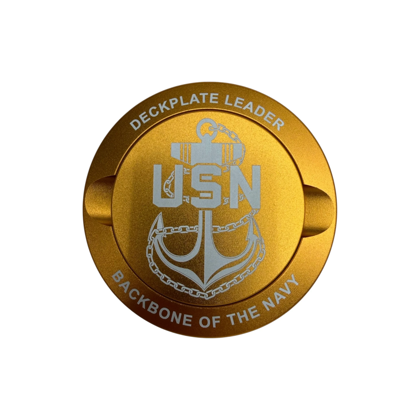 My Store gold anodized aluminum ZYN tin featuring a laser-engraved US Navy Chief anchor and Deckplate Leader text.