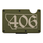 My Store green aluminum RFID-blocking wallet with laser-engraved Montana 406 area code design and money clip.