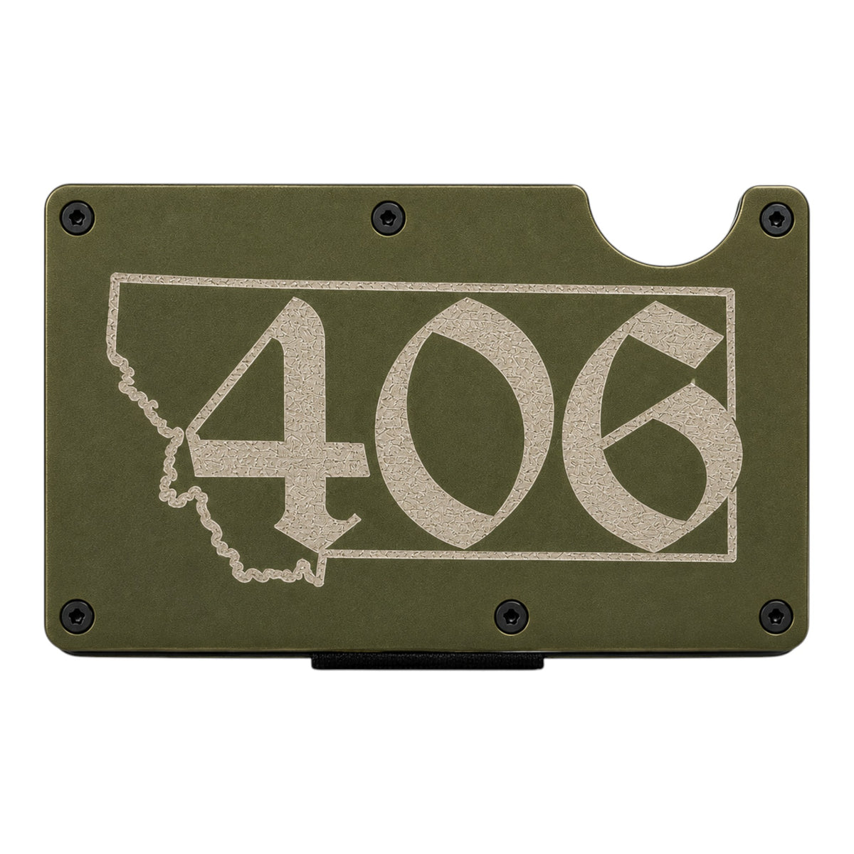 My Store green aluminum RFID-blocking wallet with laser-engraved Montana 406 area code design and money clip.