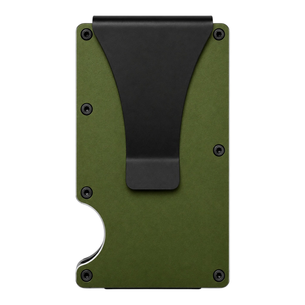 My Store green aluminum RFID-blocking minimalist wallet with a black money clip and laser-engraved Sasquatch design.