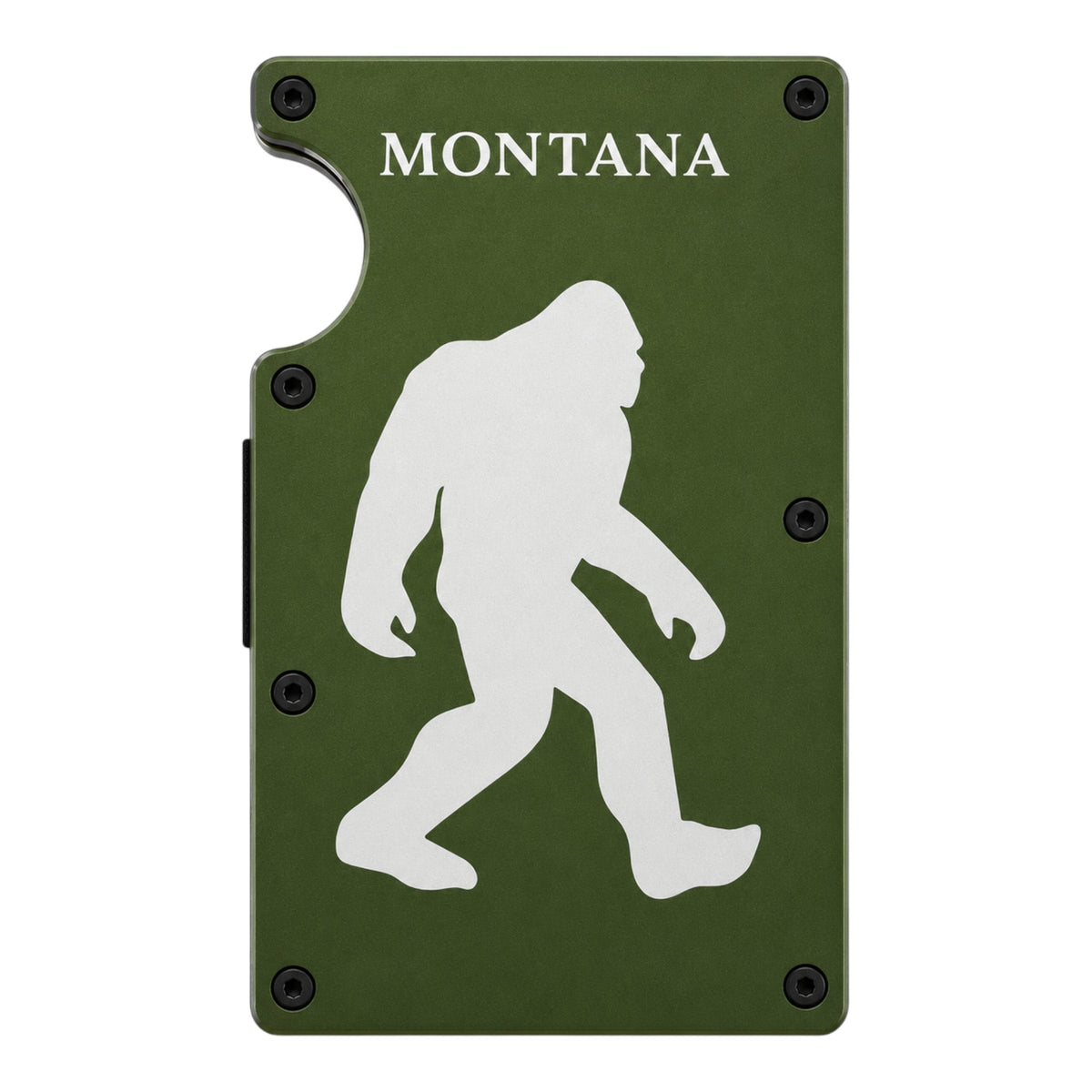 My Store green aluminum RFID wallet with a laser-engraved Sasquatch design and Montana text.