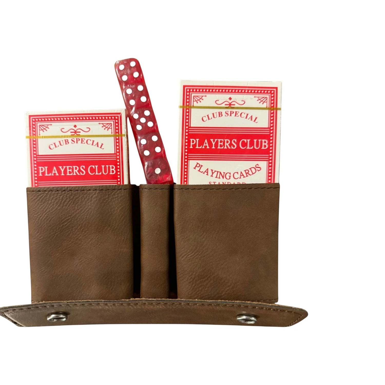 My Store brown leather card and dice holder containing two decks of Players Club playing cards and a red dice stick