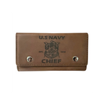 My Store brown leather Navy Chief card and dice holder with embossed US Navy logo and silver snap closures.
