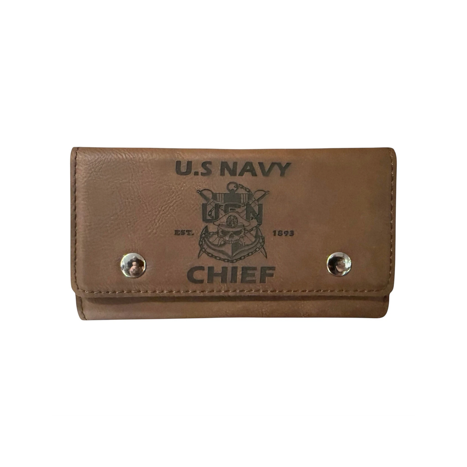 My Store brown leather Navy Chief card and dice holder with embossed US Navy logo and silver snap closures.