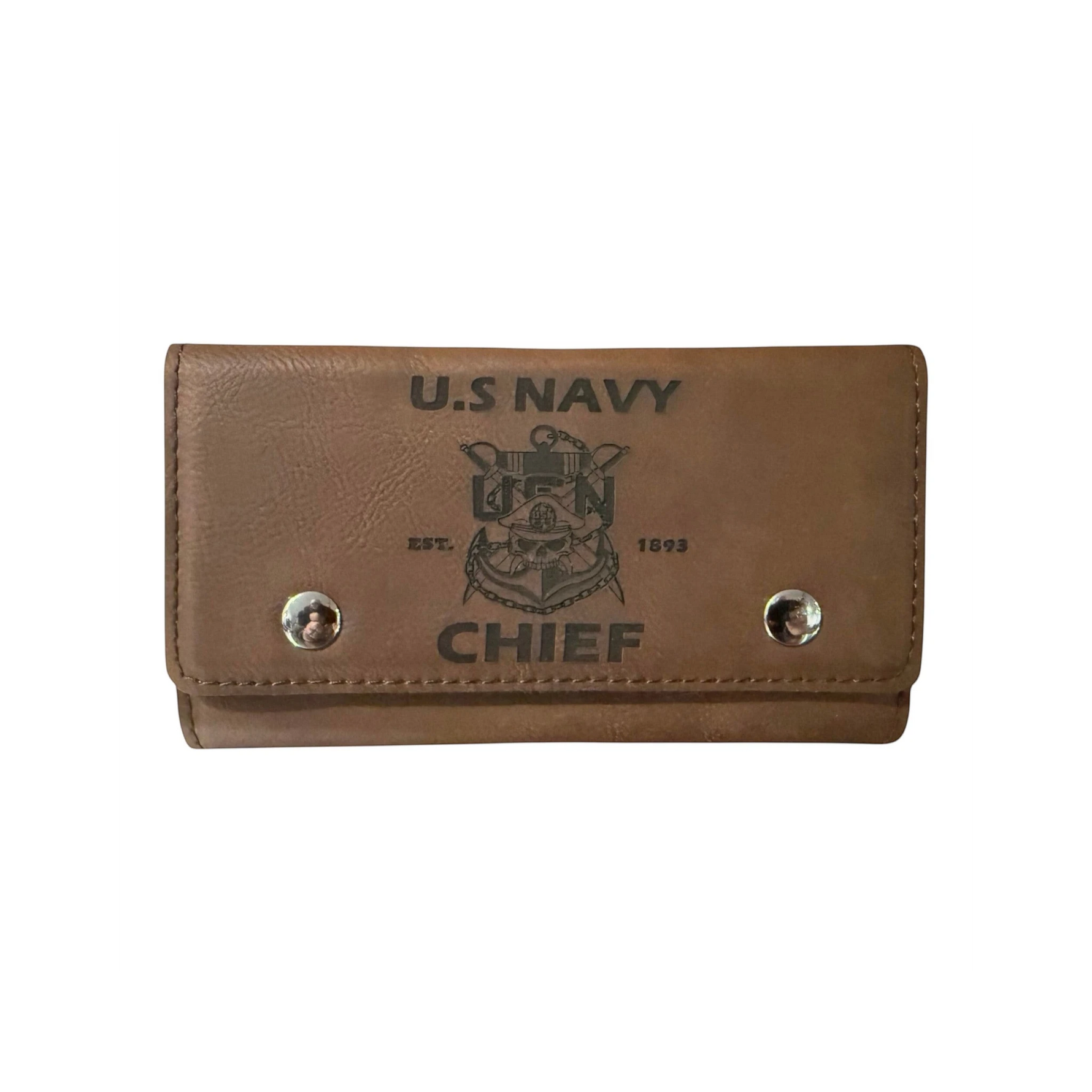 My Store brown leather Navy Chief card and dice holder with embossed US Navy logo and silver snap closures.