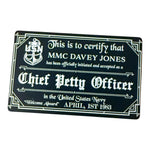 My Store aluminum Navy Chief acceptance card in black with white engraved text and USN emblem.