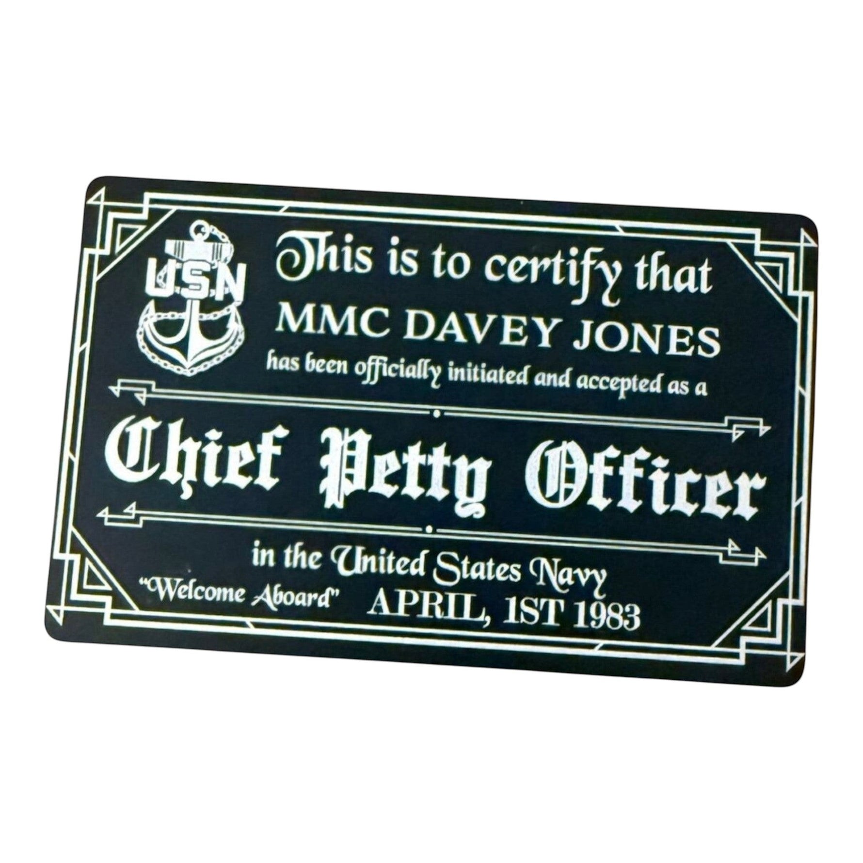 My Store aluminum Navy Chief acceptance card in black with white engraved text and USN emblem.