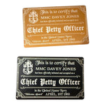 My Store aluminum Navy Chief acceptance cards in black and gold with engraved USN anchor emblem and custom text