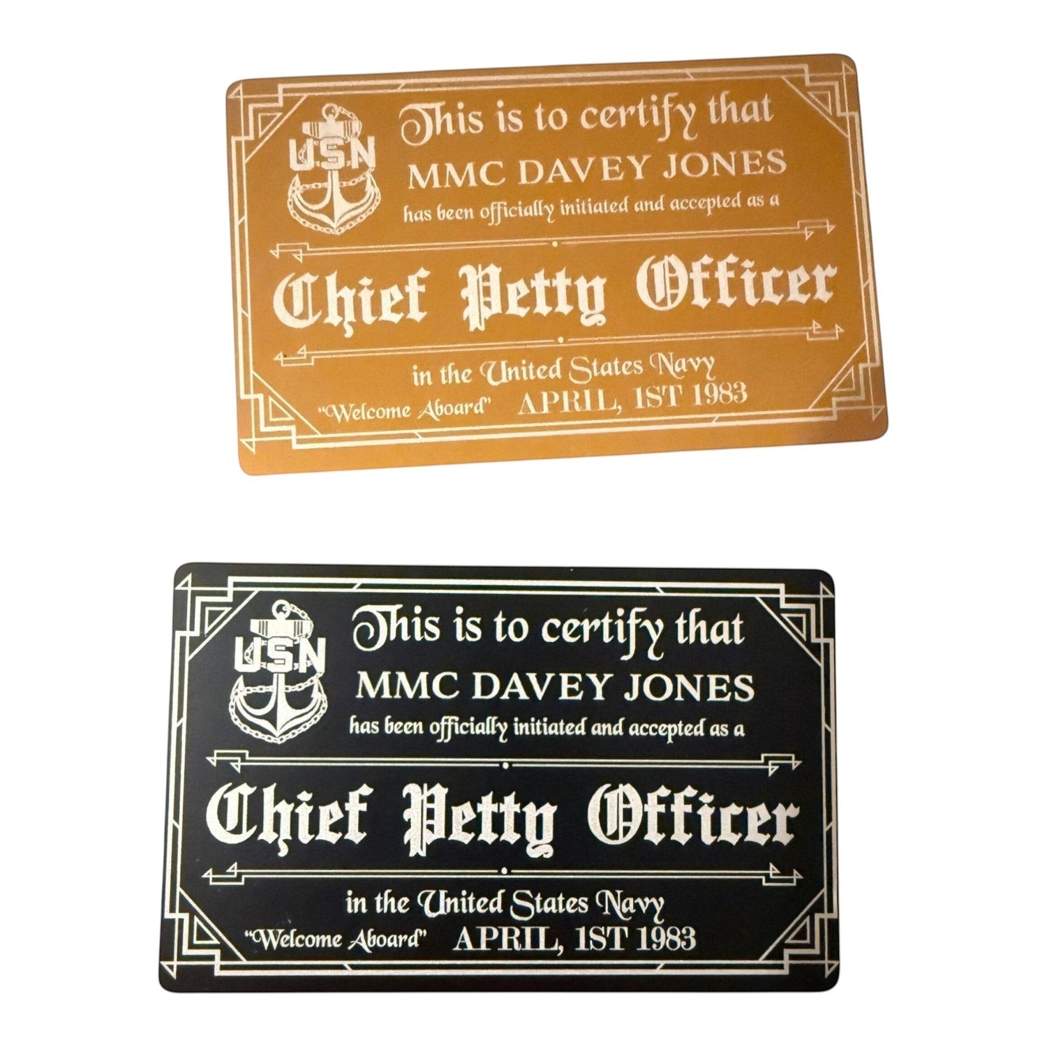 My Store aluminum Navy Chief acceptance cards in black and gold with engraved USN anchor emblem and custom text