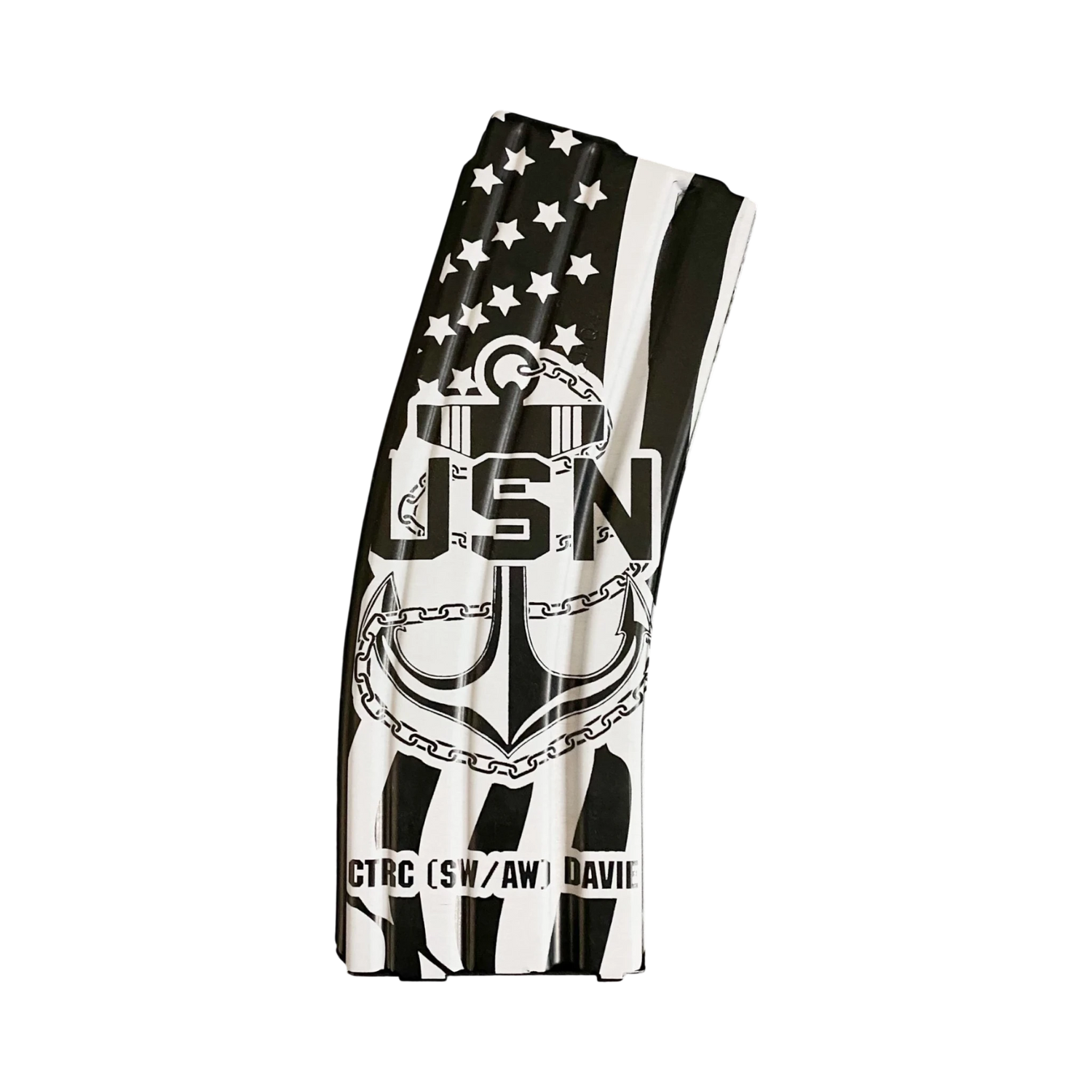 My Store laser-engraved AR magazine featuring a Navy Chief anchor and American flag design in black and white