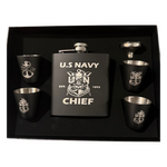 My Store Navy Chief stainless steel flask set with four matching shot glasses and funnel in a black gift box.
