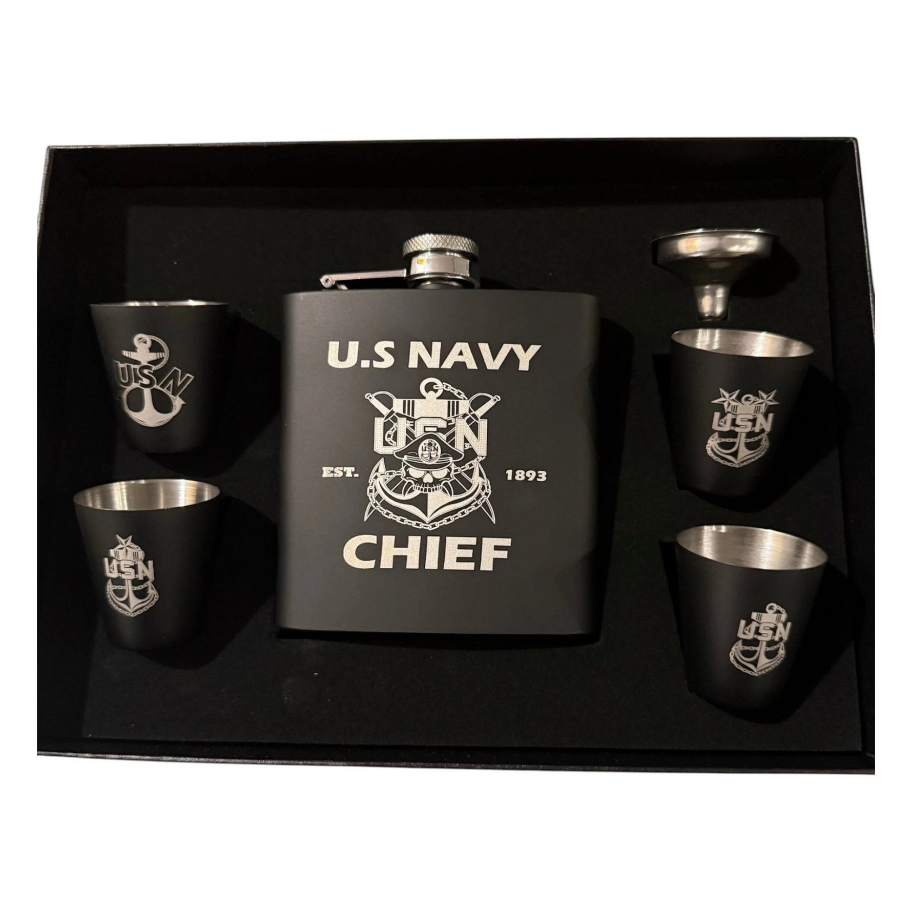 My Store Navy Chief stainless steel flask set with four matching shot glasses and funnel in a black gift box.