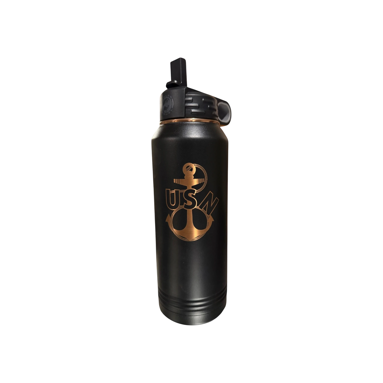 My Store 30oz black stainless steel water bottle featuring a gold US Navy anchor emblem and a leak-resistant lid.