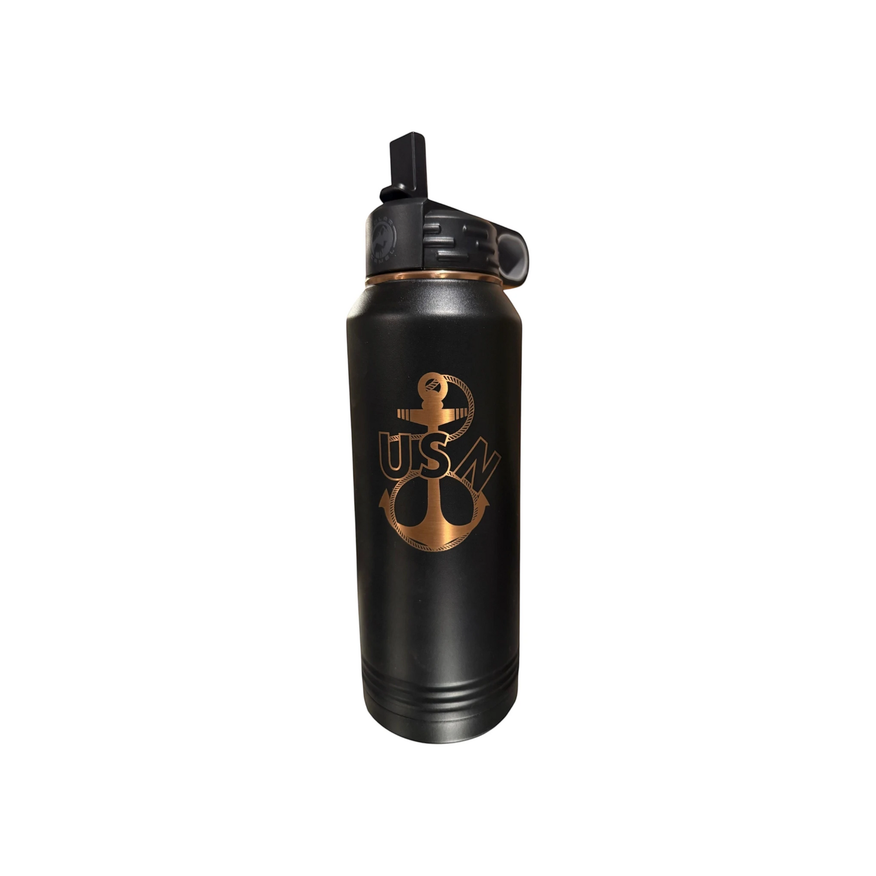 My Store 30oz black stainless steel water bottle featuring a gold US Navy anchor emblem and a leak-resistant lid.