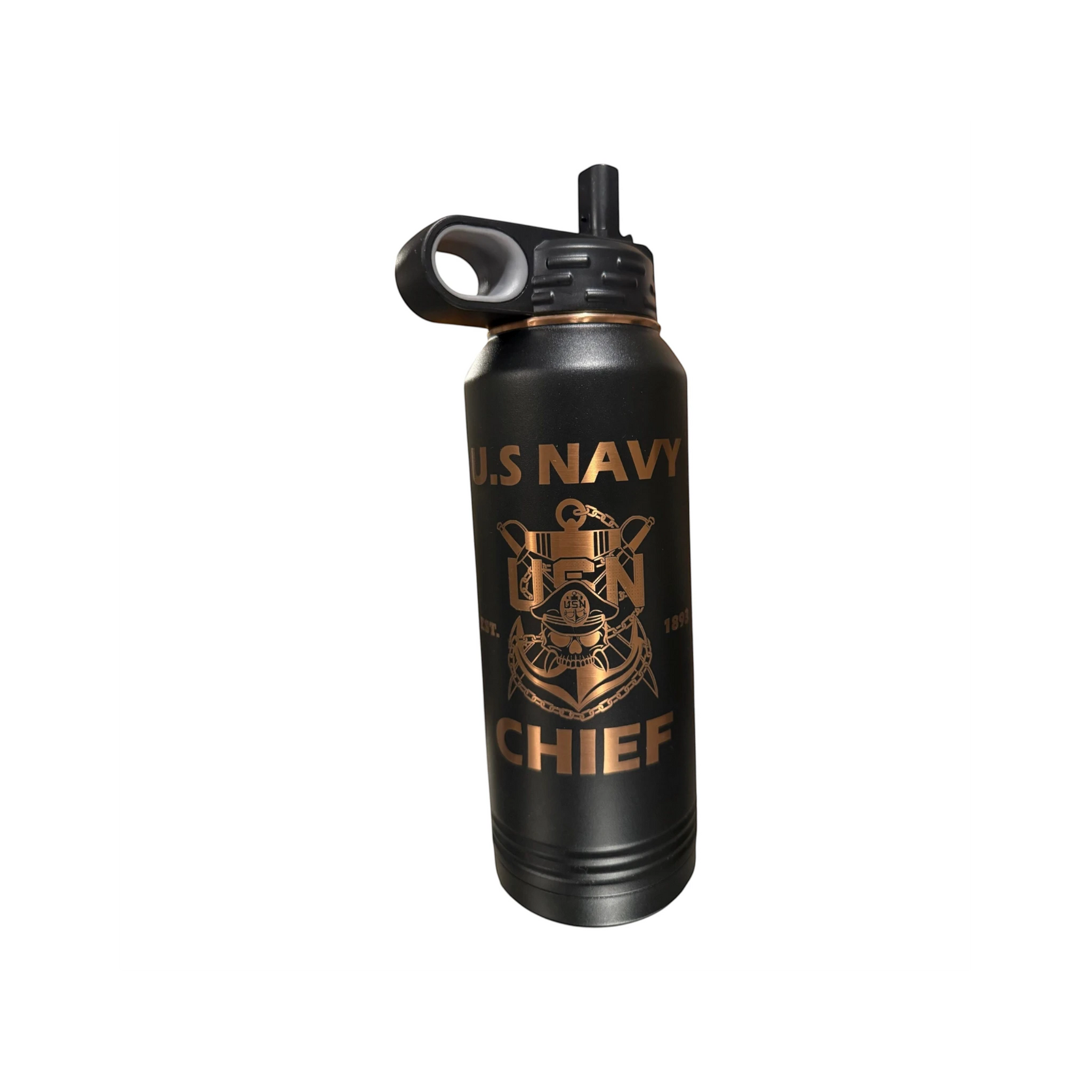 My Store 30oz black stainless steel Navy Chief water bottle with gold engraved US Navy emblem and leak-resistant lid