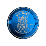 My Store blue CNC-machined aluminum ZYN tin featuring U.S. Navy Chief laser engraving and deckplate leader text.