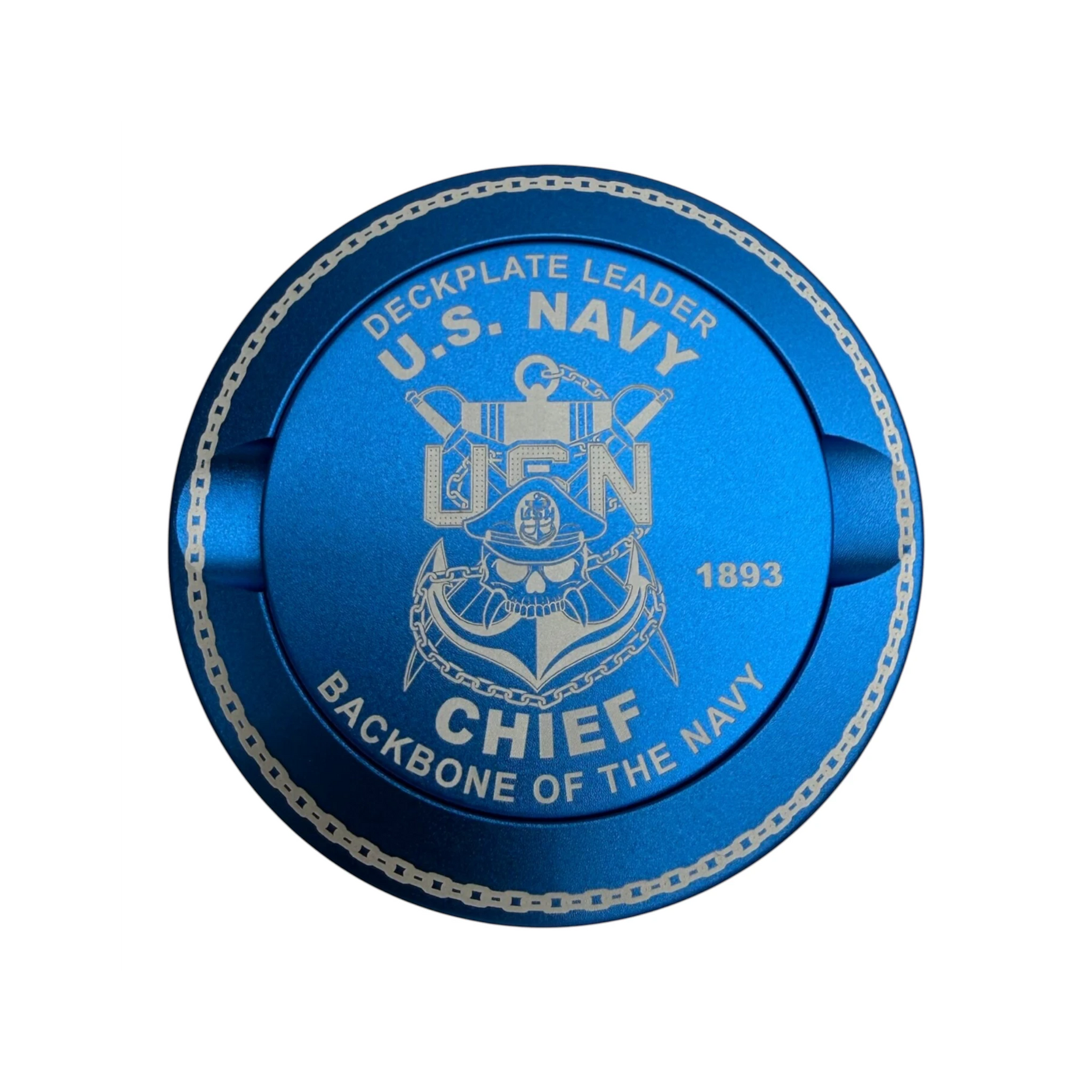My Store blue CNC-machined aluminum ZYN tin featuring U.S. Navy Chief laser engraving and deckplate leader text.