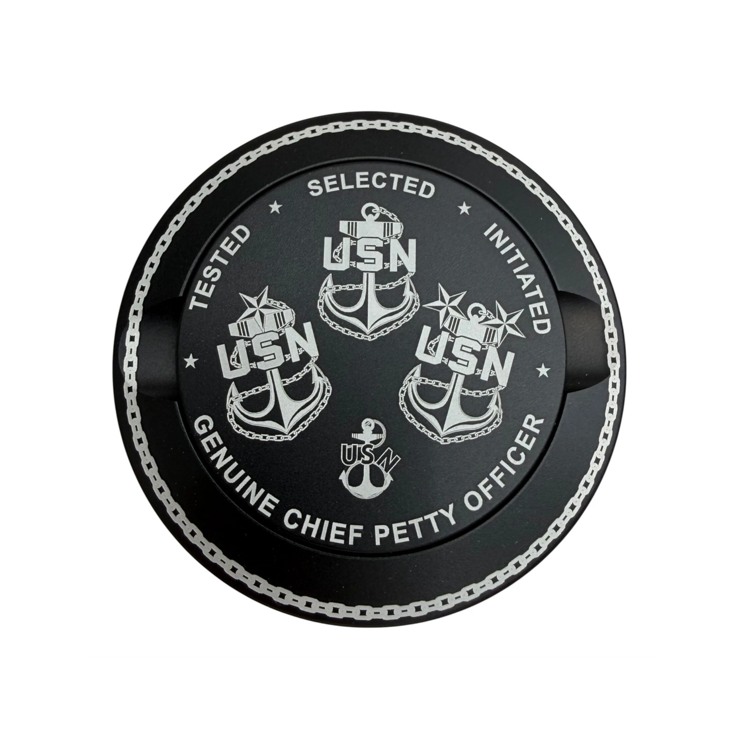 My Store navy blue aluminum ZYN tin featuring laser-engraved US Navy Chief Petty Officer anchors and insignia.