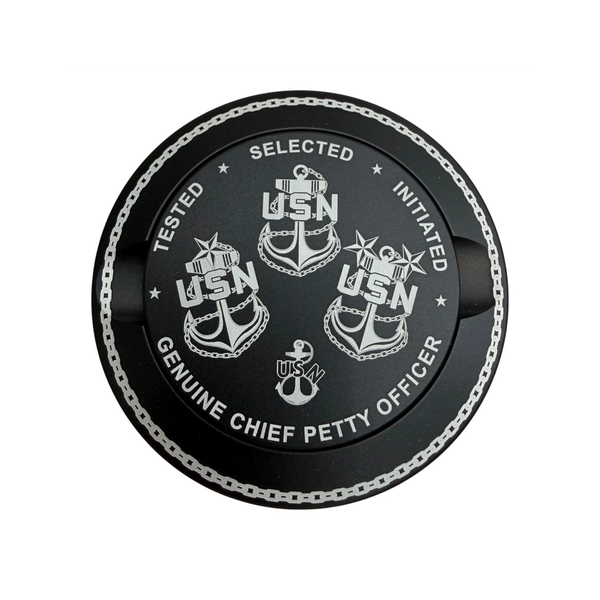 My Store navy blue aluminum ZYN tin featuring laser-engraved US Navy Chief Petty Officer anchors and insignia.