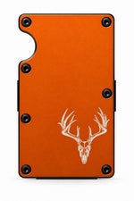 Hunter Orange RFID wallet with small whitetail skull engraving