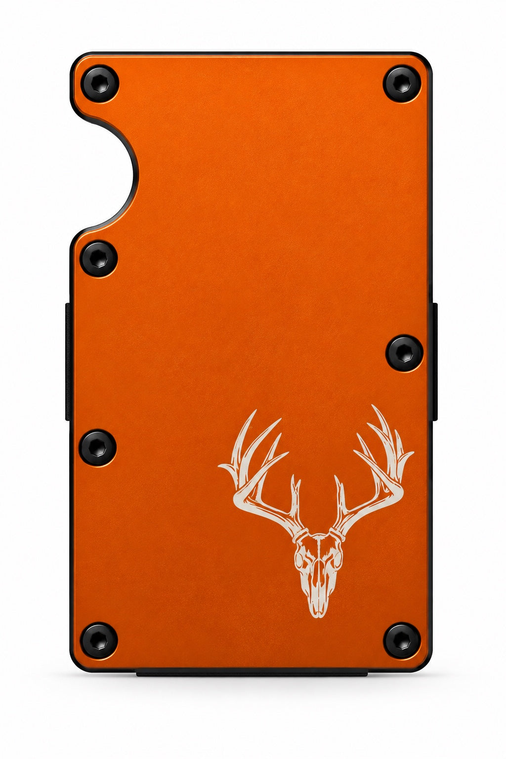 Hunter Orange RFID wallet with small whitetail skull engraving