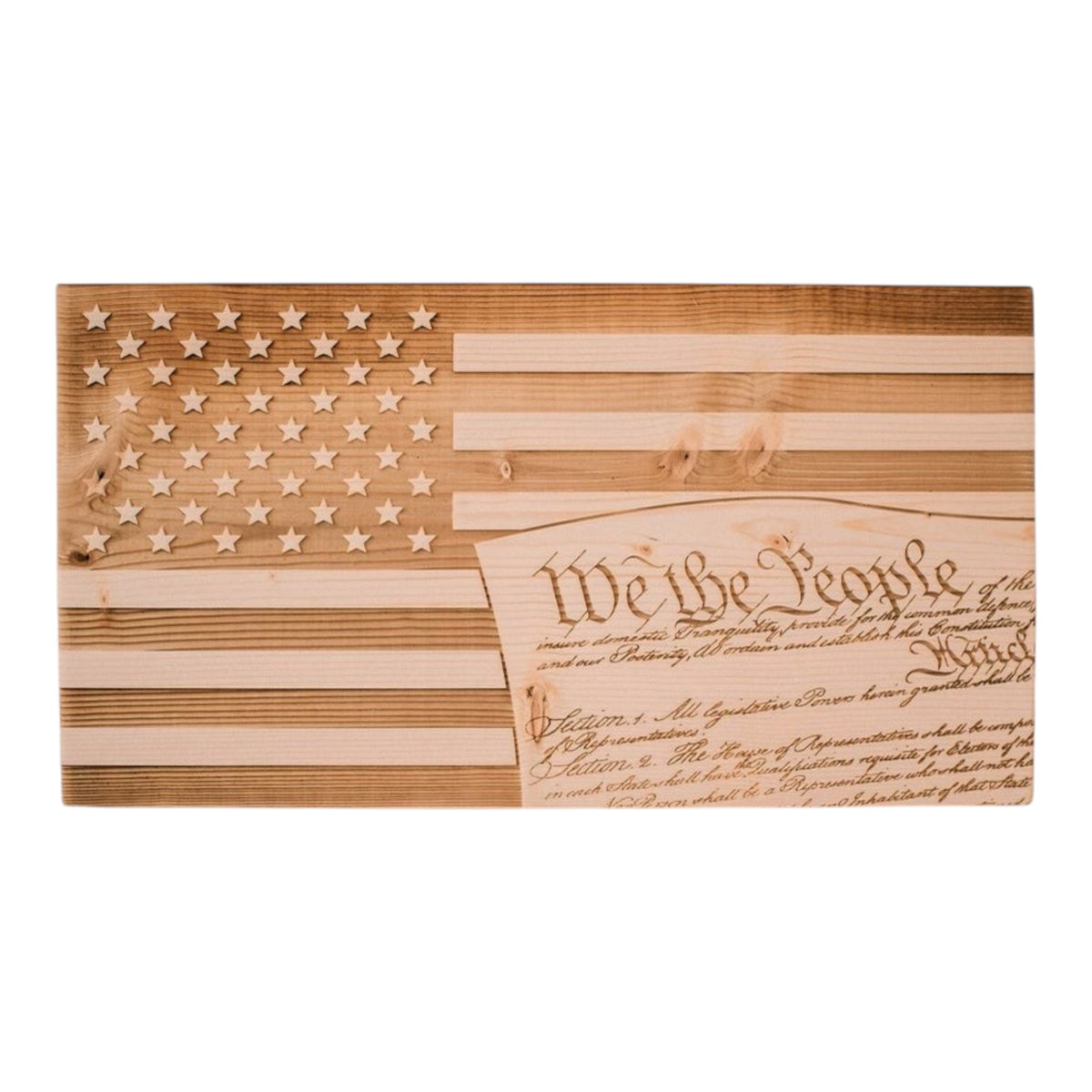 12x21 inch laser engraved wooden American flag featuring the We the People preamble text